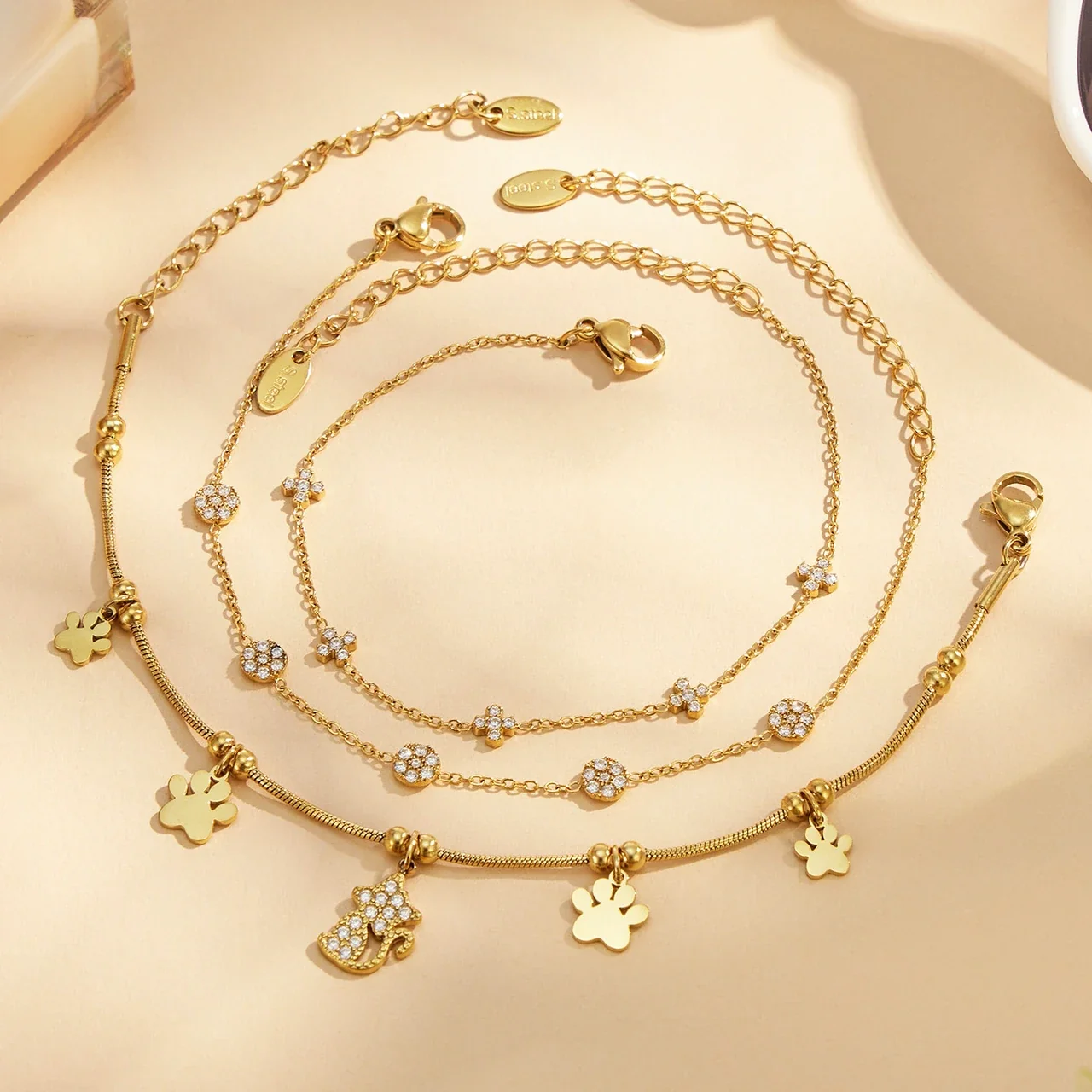Playful Paw Charm Gold-Plated Snake Chain Bracelet
