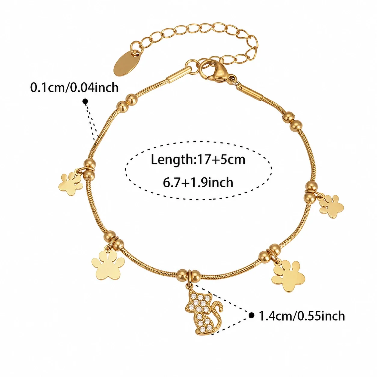 Playful Paw Charm Gold-Plated Snake Chain Bracelet - Gold Paw Charm