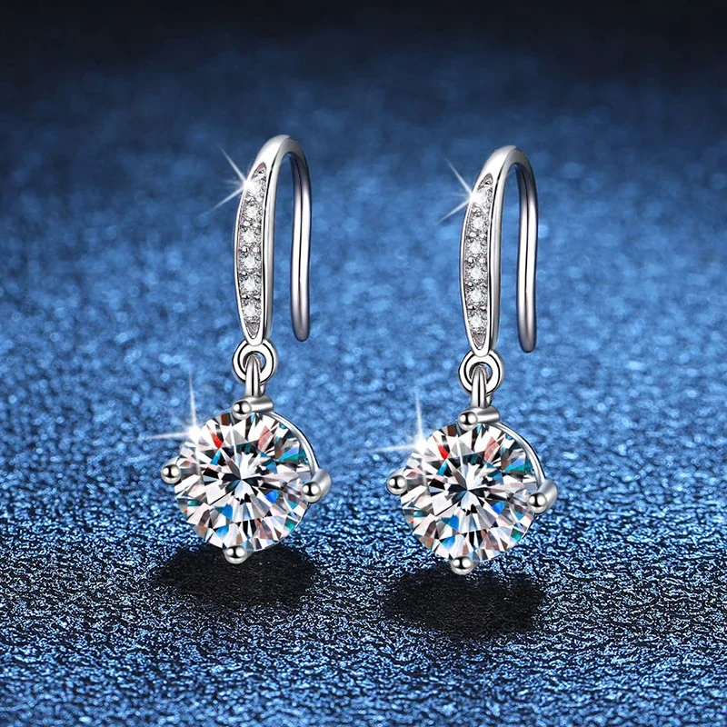 Refined pavé hook 925 sterling silver round moissanite Earrings - 6.5 mm High Carbon Stone