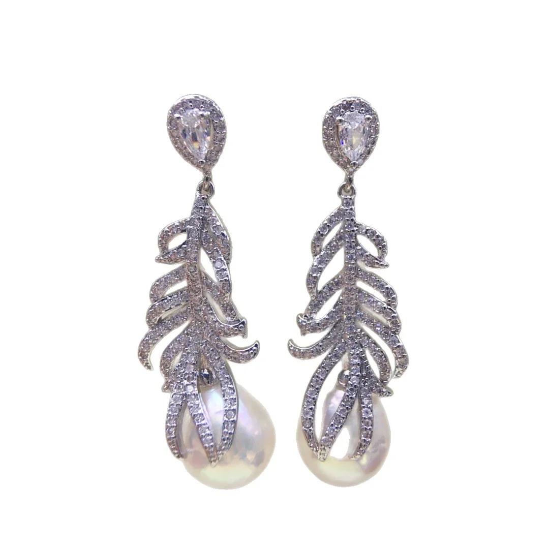 Feather Pavé Silver-Plated Freshwater Pearl Drop Earrings