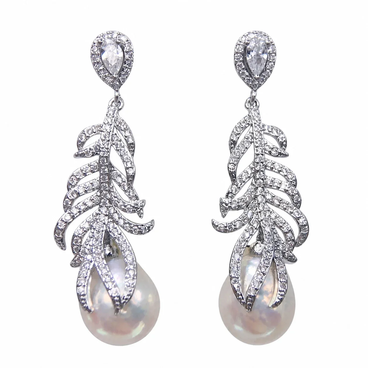 Feather Pavé Silver-Plated Freshwater Pearl Drop Earrings