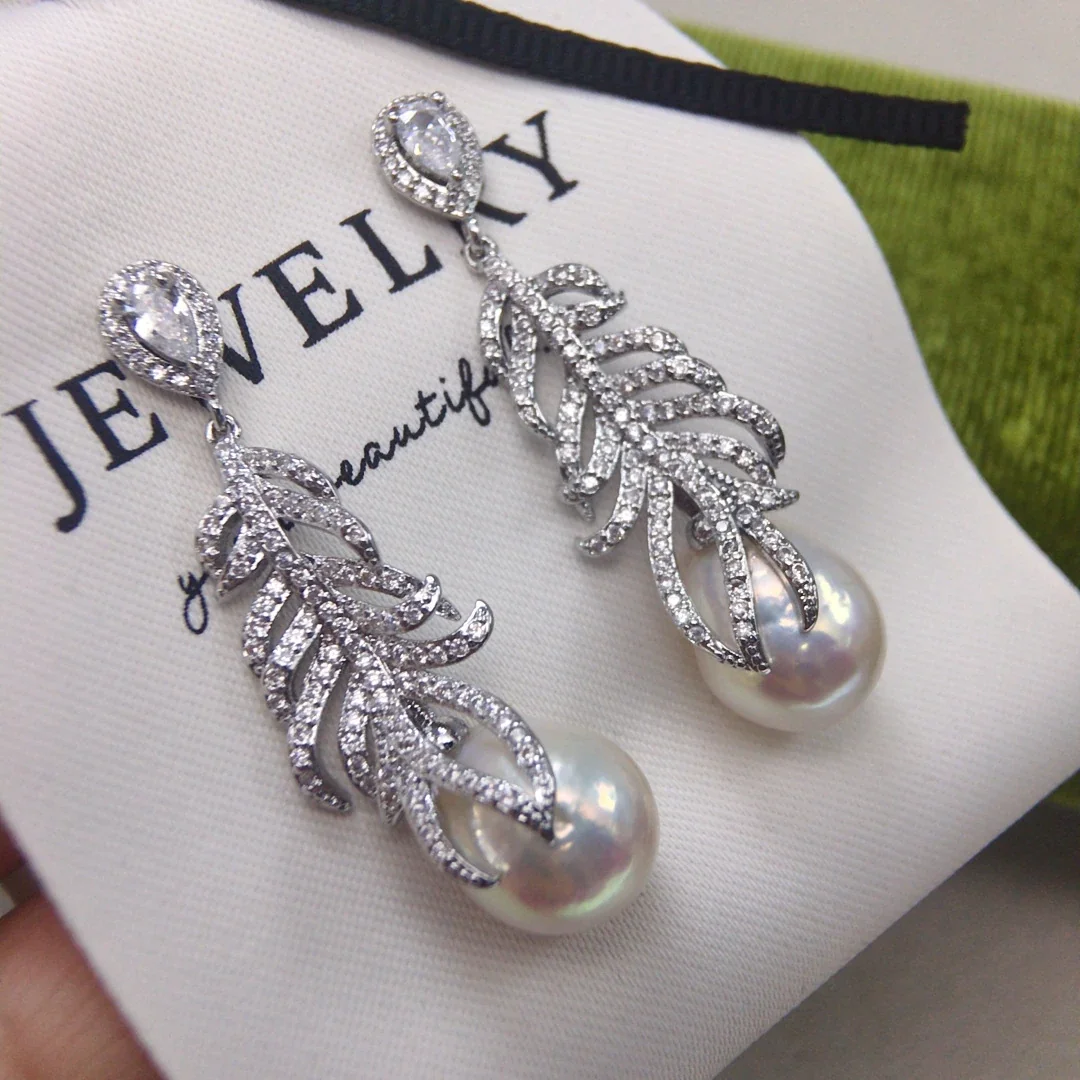 Feather Pavé Silver-Plated Freshwater Pearl Drop Earrings