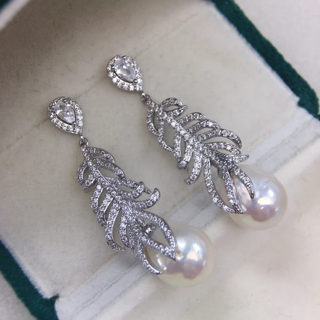 Feather Pavé Silver-Plated Freshwater Pearl Drop Earrings