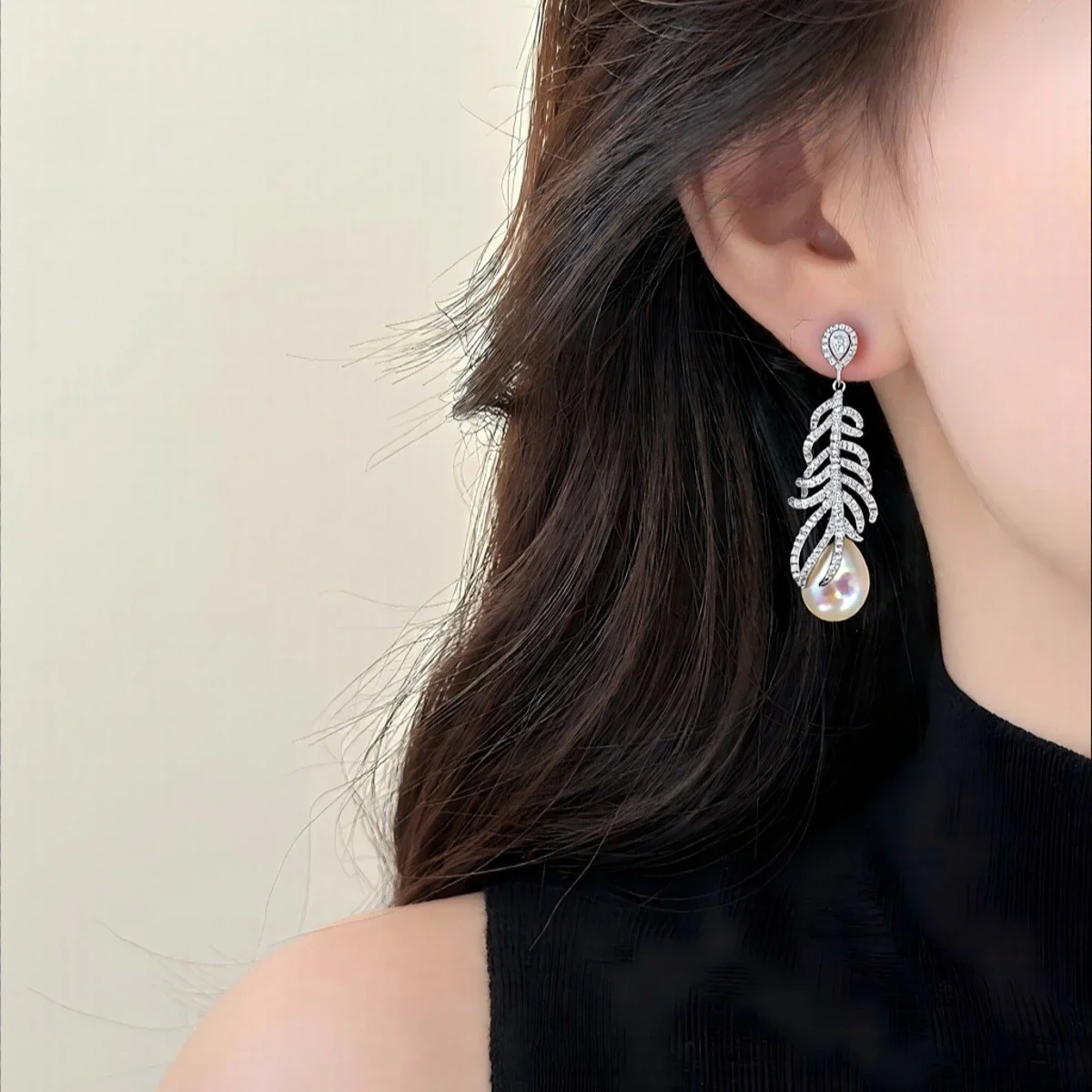 Feather Pavé Silver-Plated Freshwater Pearl Drop Earrings