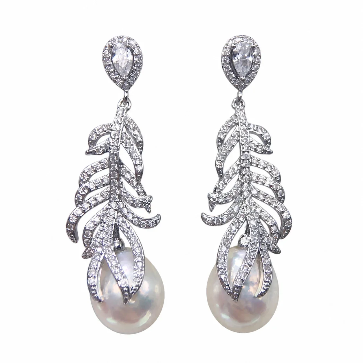 Feather Pavé Silver-Plated Freshwater Pearl Drop Earrings - Silver