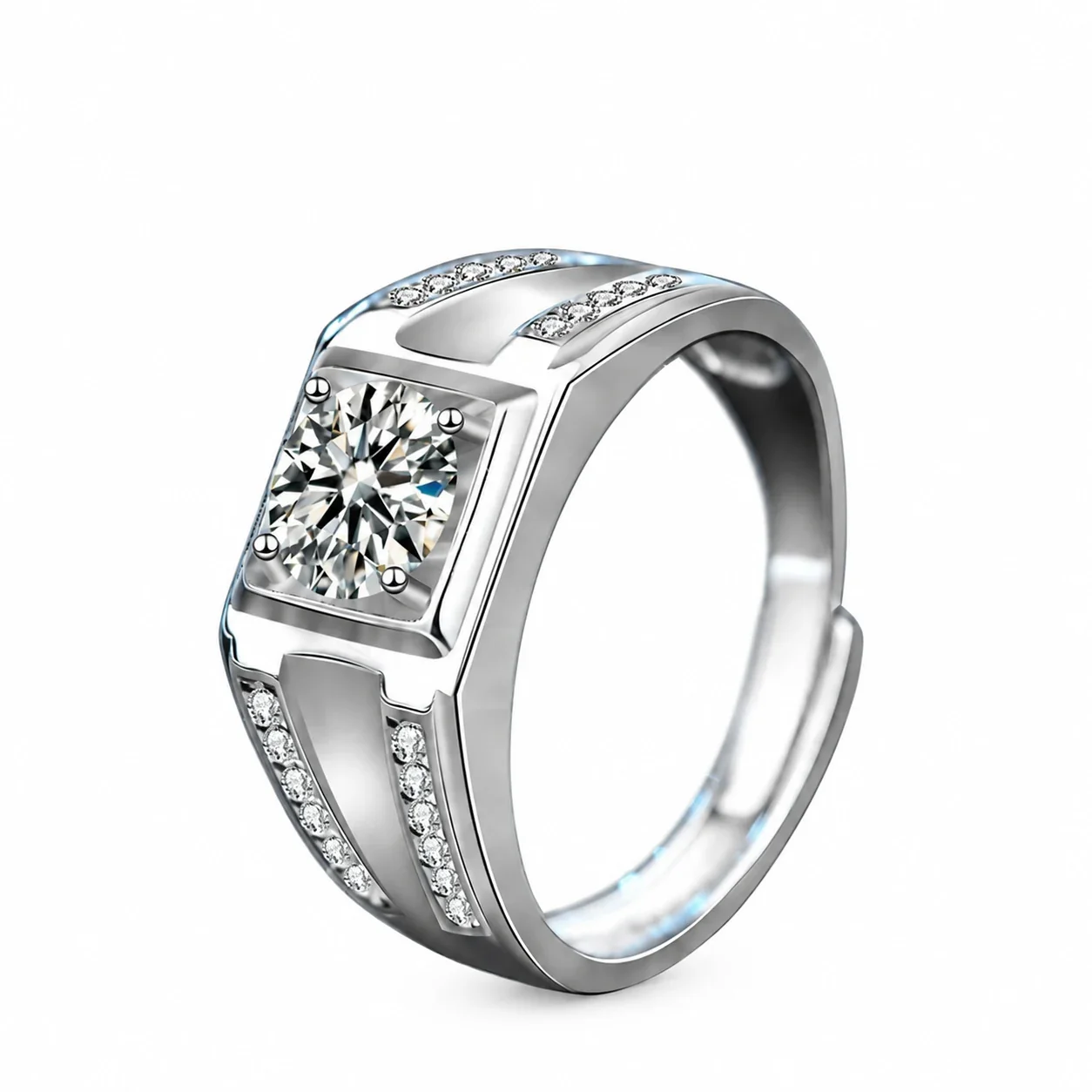 Geometric 925 Sterling Silver Round Prong-Set Moissanite Ring