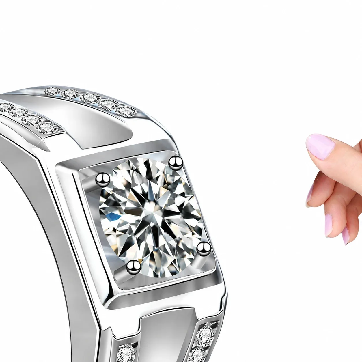 Geometric 925 Sterling Silver Round Prong-Set Moissanite Ring