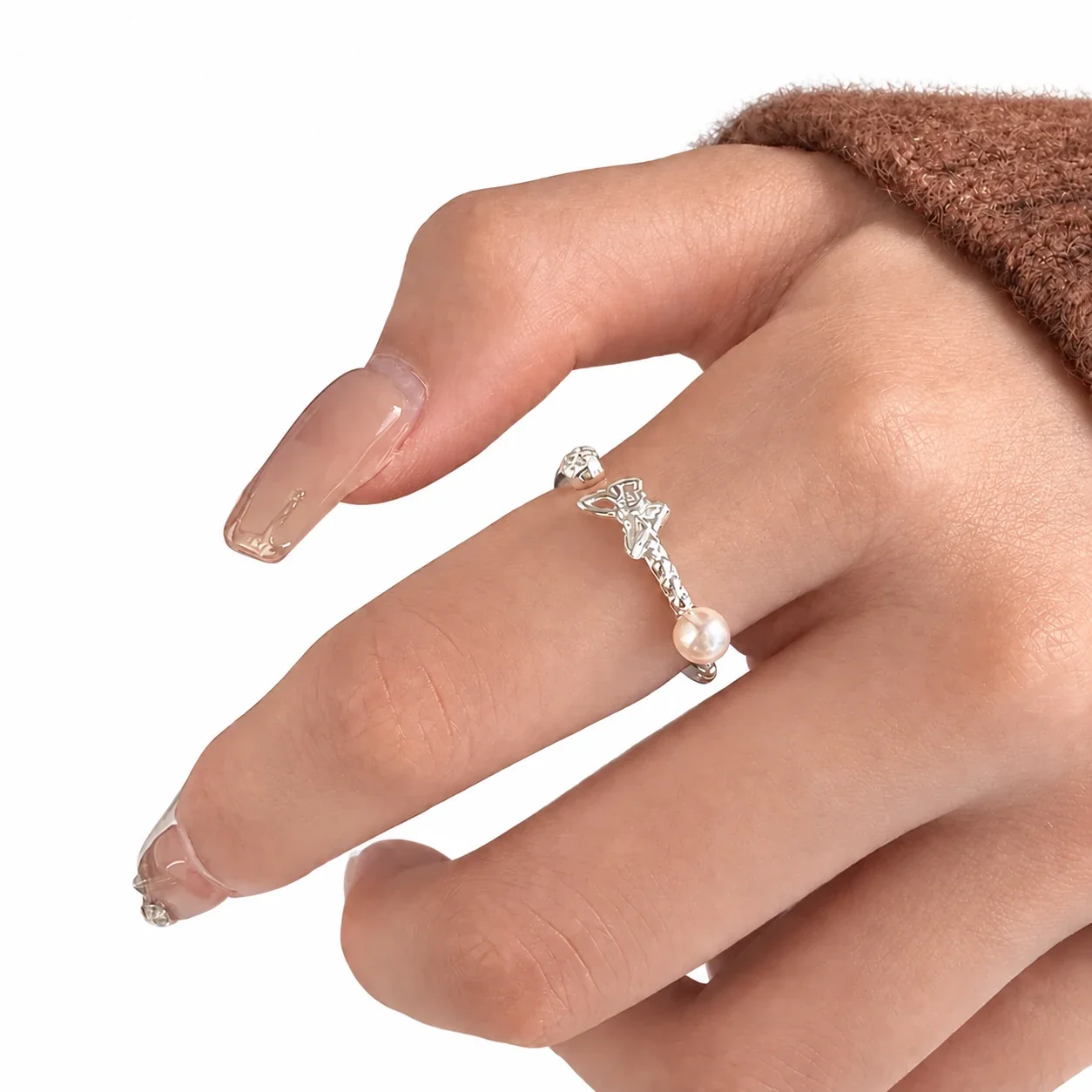 Delicate Butterfly Pearl Bead Open-Front 925 Sterling Silver Ring