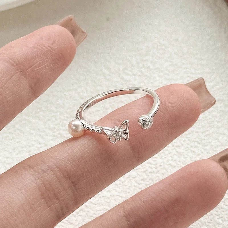 Delicate Butterfly Pearl Bead Open-Front 925 Sterling Silver Ring