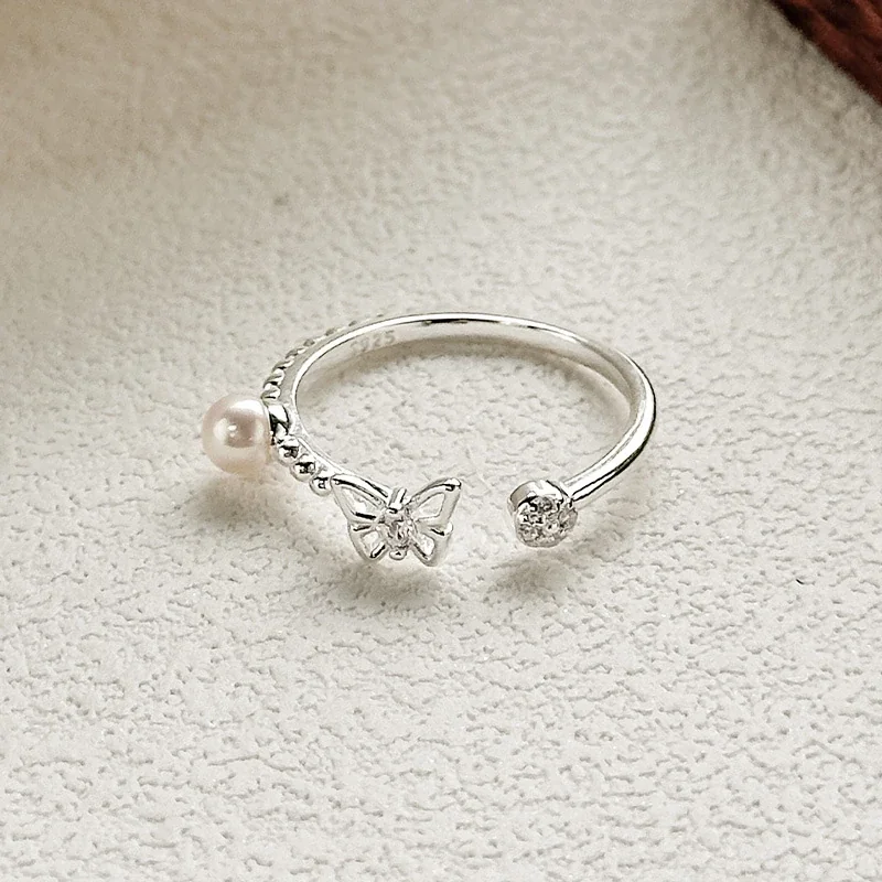 Delicate Butterfly Pearl Bead Open-Front 925 Sterling Silver Ring
