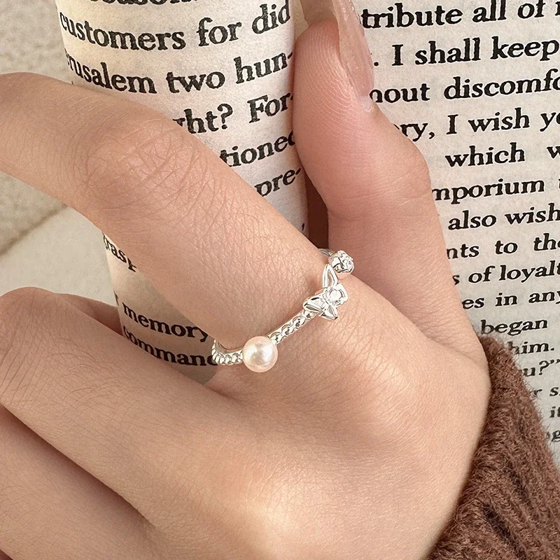 Delicate Butterfly Pearl Bead Open-Front 925 Sterling Silver Ring