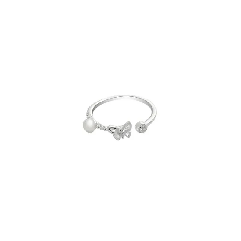 Delicate Butterfly Pearl Bead Open-Front 925 Sterling Silver Ring