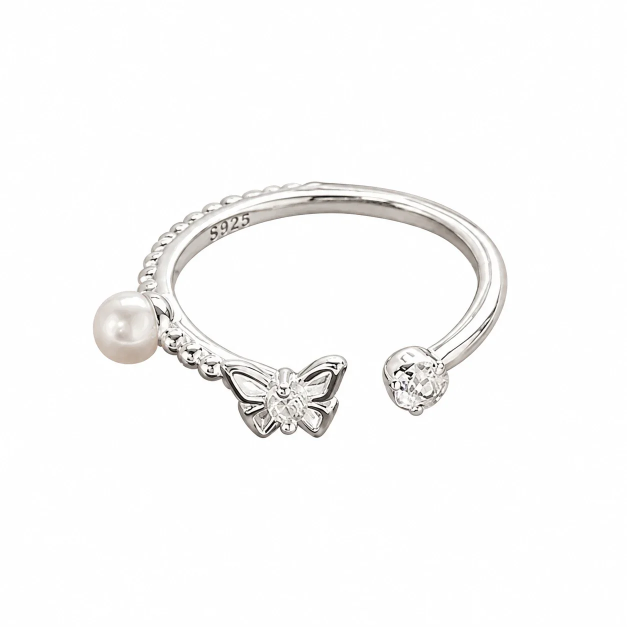 Delicate Butterfly Pearl Bead Open-Front 925 Sterling Silver Ring - Silver