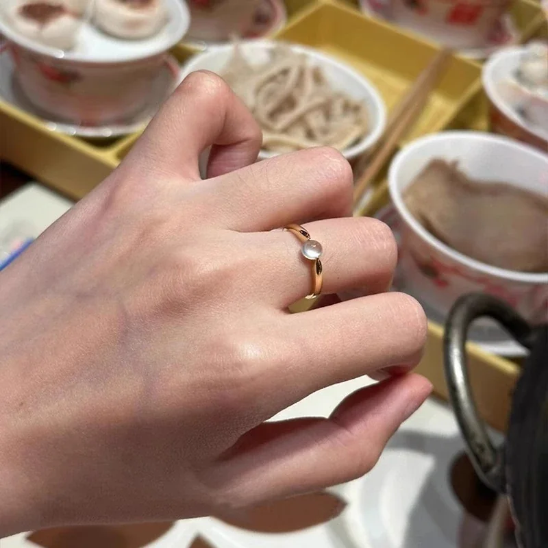 Delicate Round Cabochon Gold-Plated Copper Open Ring