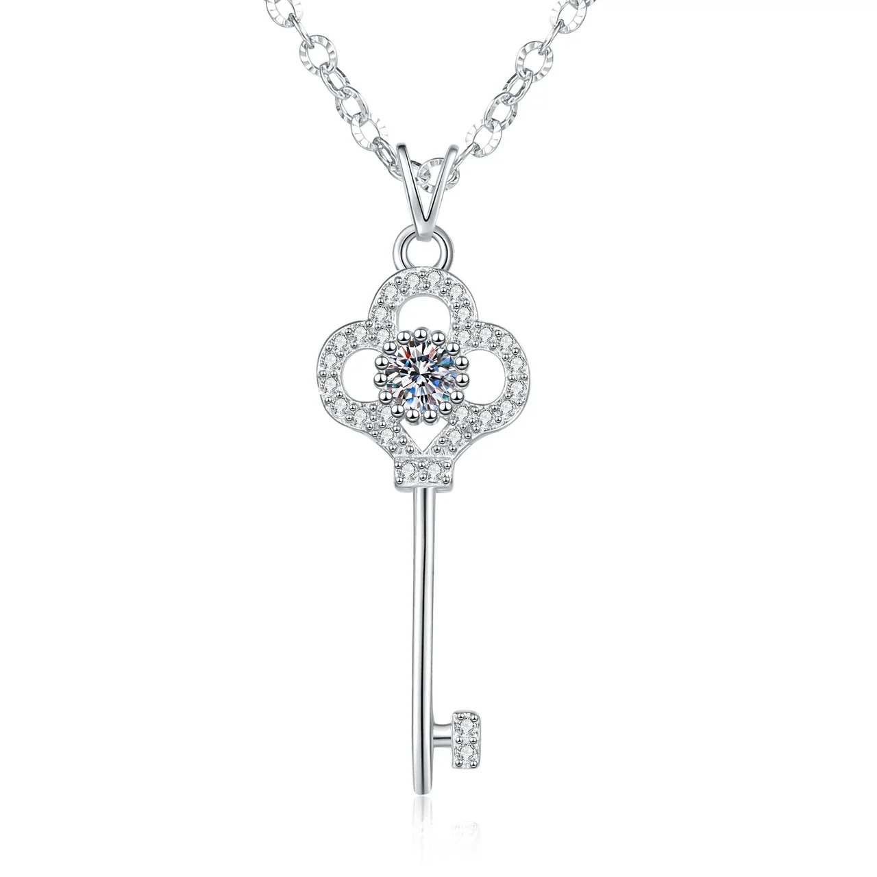 Ornate 925 Sterling Silver Key Pavé Moissanite Necklace