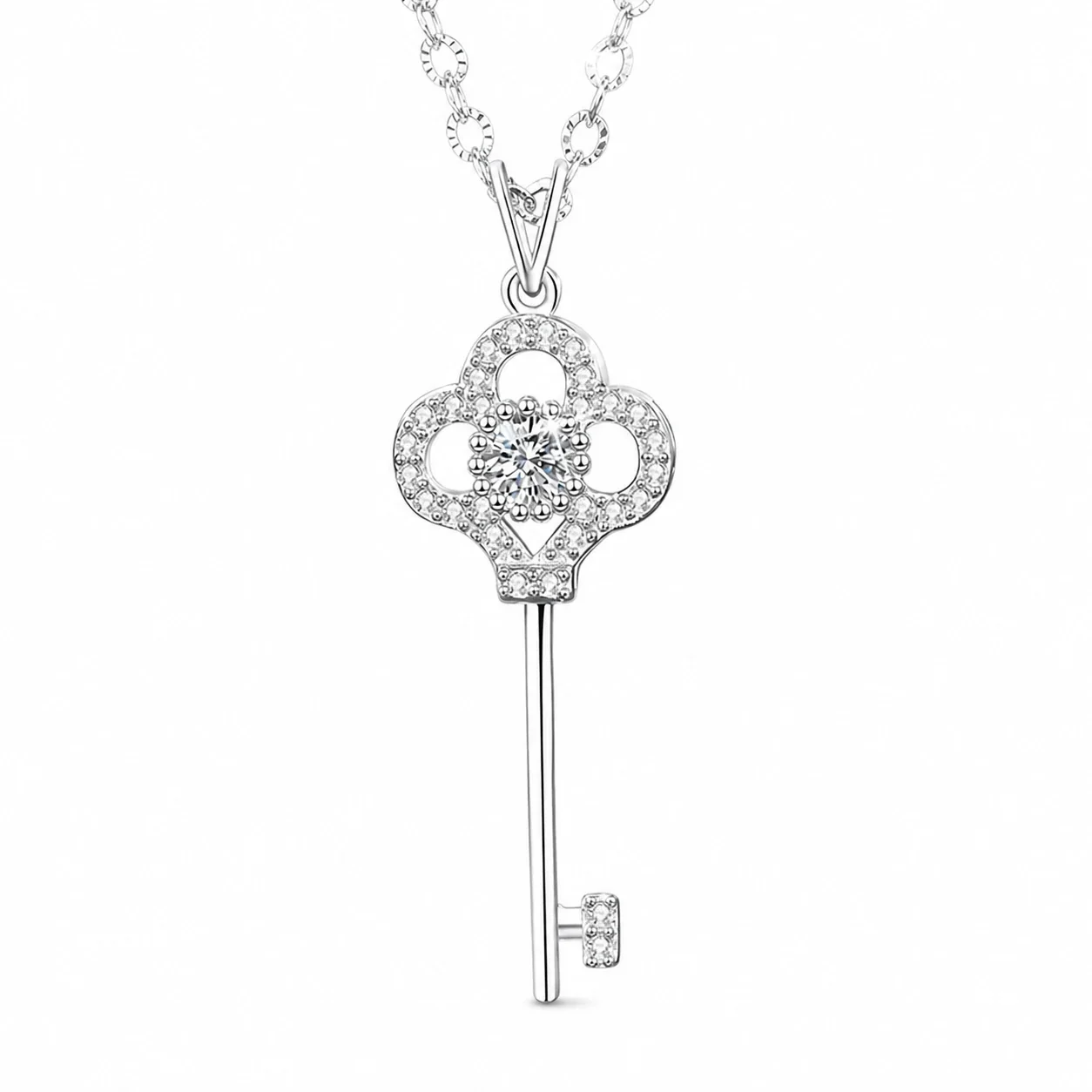 Ornate 925 Sterling Silver Key Pavé Moissanite Necklace