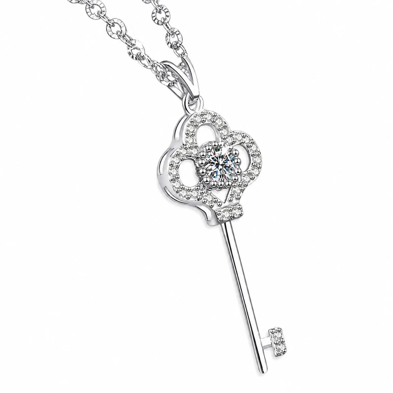 Ornate 925 Sterling Silver Key Pavé Moissanite Necklace