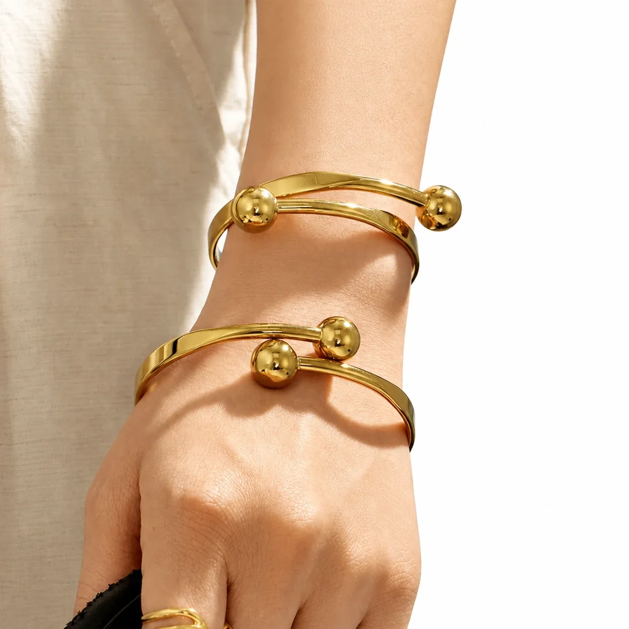 Sculptural Gold-Plated Double Ball Open Bangle
