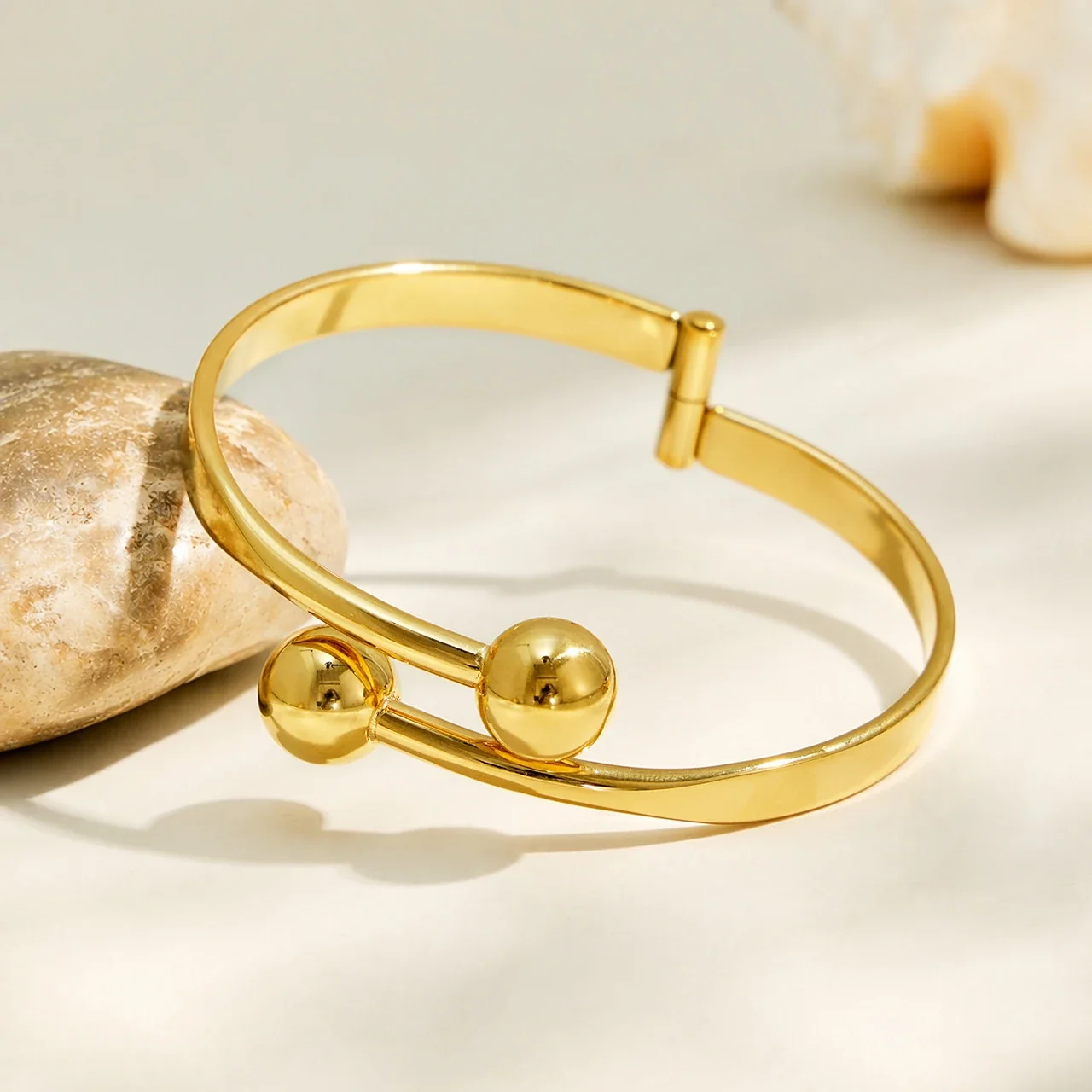 Sculptural Gold-Plated Double Ball Open Bangle
