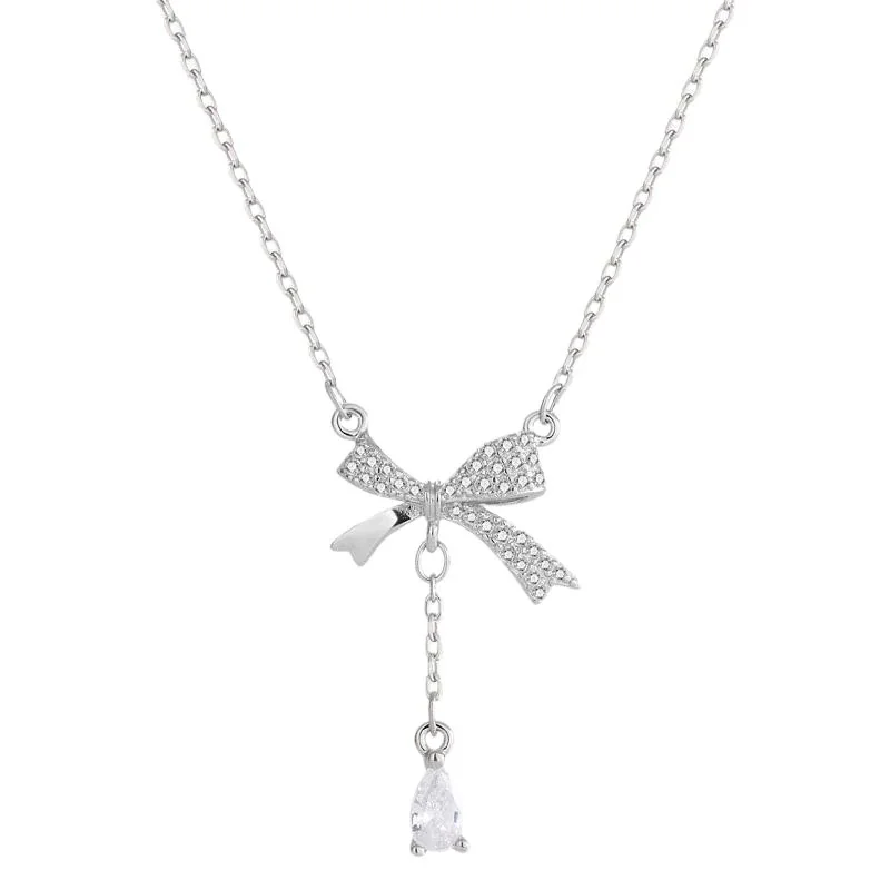 Delicate Pavé Bow 925 Sterling Silver Tassel Necklace