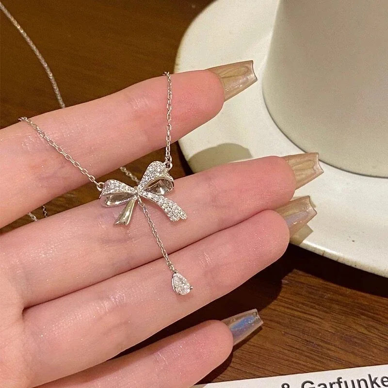 Delicate Pavé Bow 925 Sterling Silver Tassel Necklace