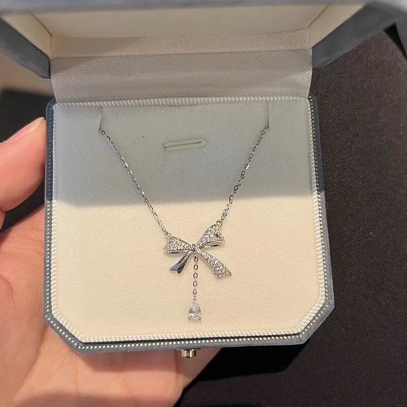 Delicate Pavé Bow 925 Sterling Silver Tassel Necklace