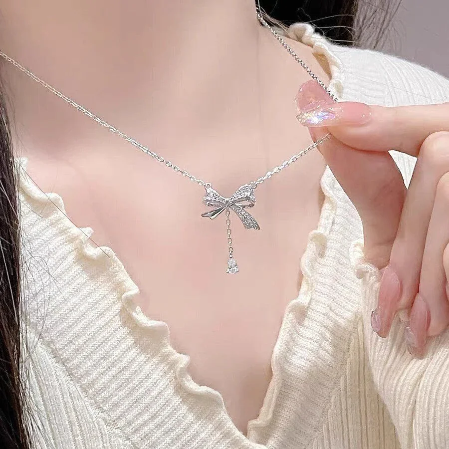 Delicate Pavé Bow 925 Sterling Silver Tassel Necklace