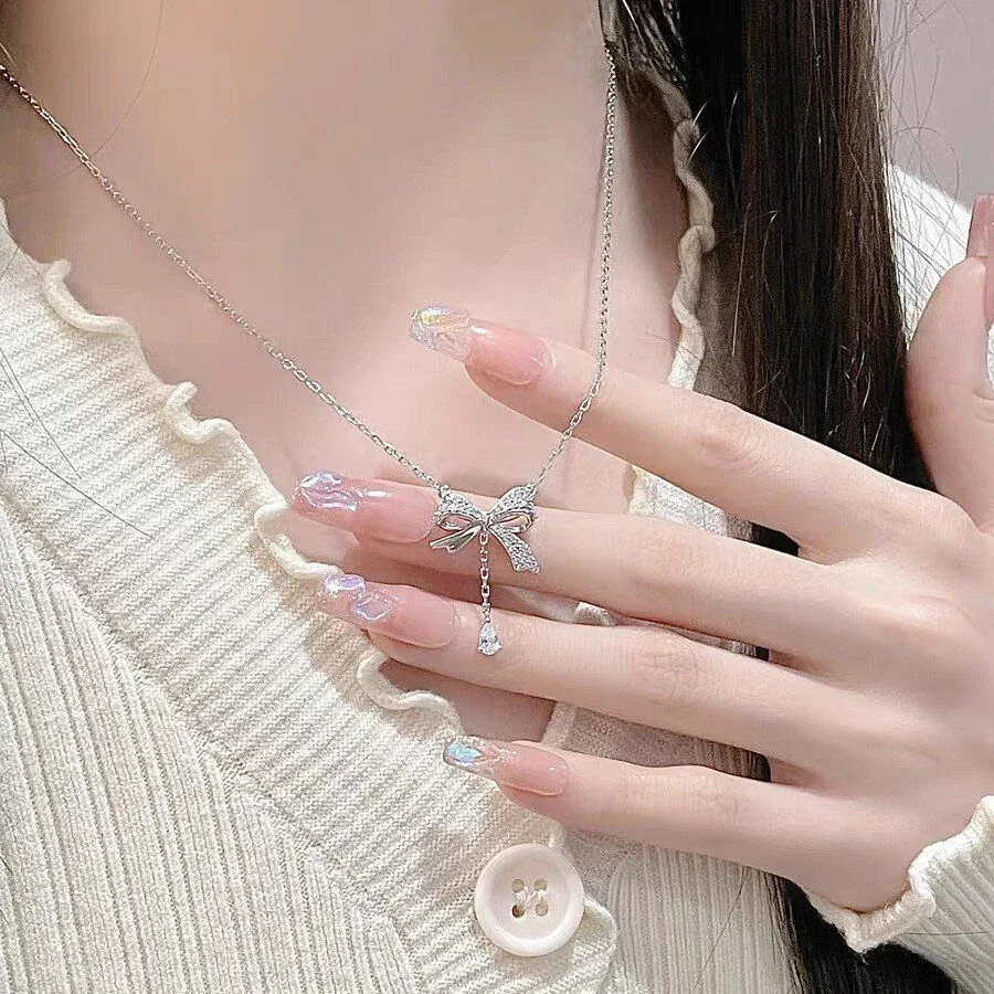 Delicate Pavé Bow 925 Sterling Silver Tassel Necklace