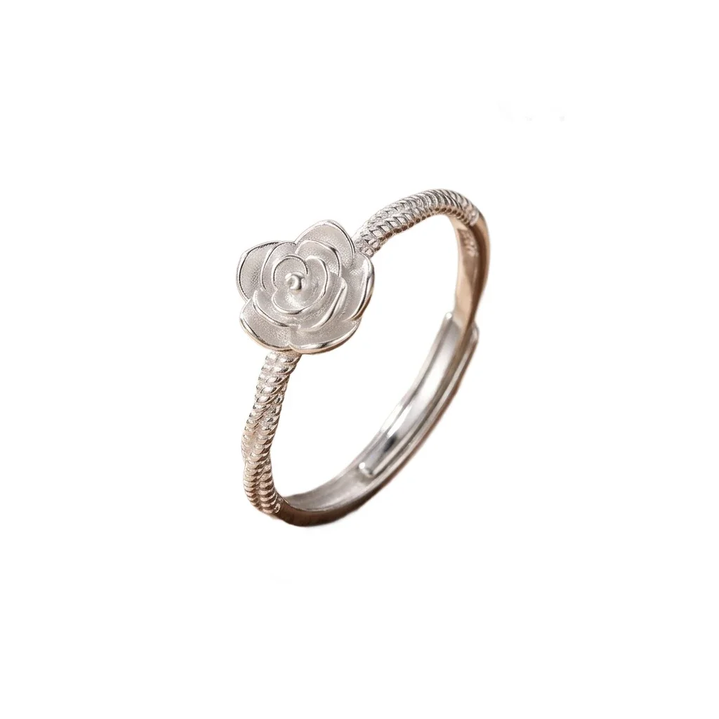Delicate 925 Sterling Silver Rose Flower Ribbed Band Ring