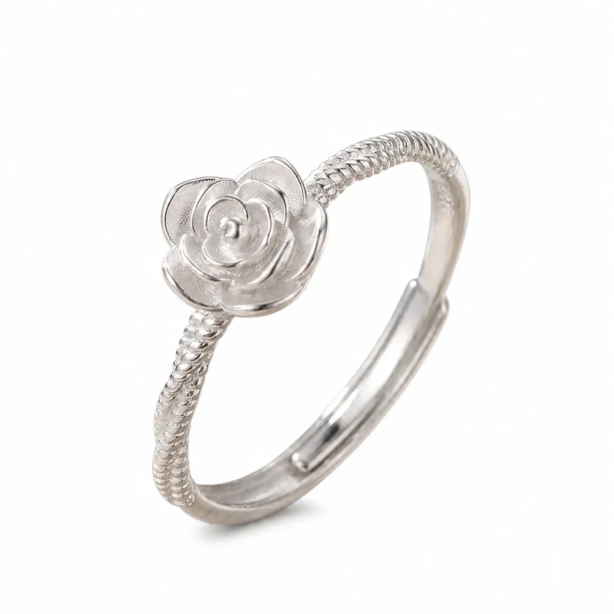 Delicate 925 Sterling Silver Rose Flower Ribbed Band Ring