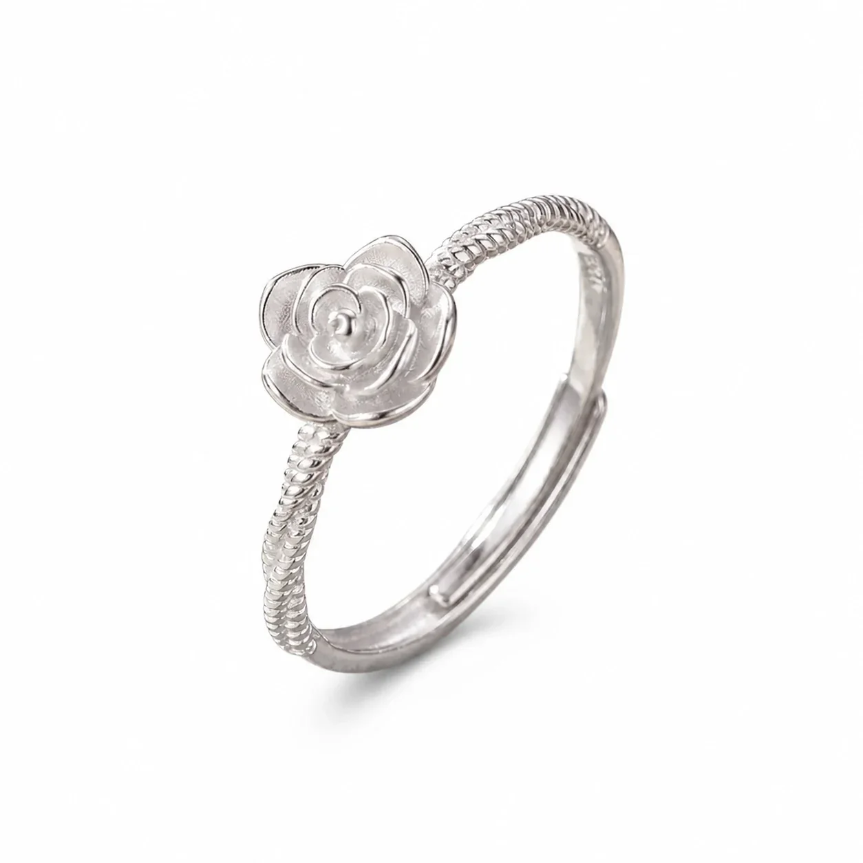 Delicate 925 Sterling Silver Rose Flower Ribbed Band Ring - Silver
