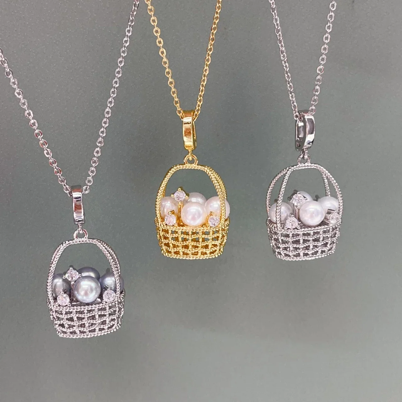 Woven Basket Gold-Plated Freshwater Pearl Pendant Necklace