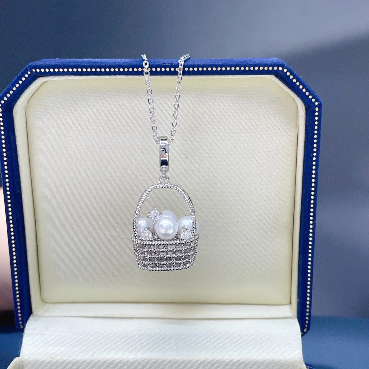 Woven Basket Gold-Plated Freshwater Pearl Pendant Necklace - Silver White Pearl