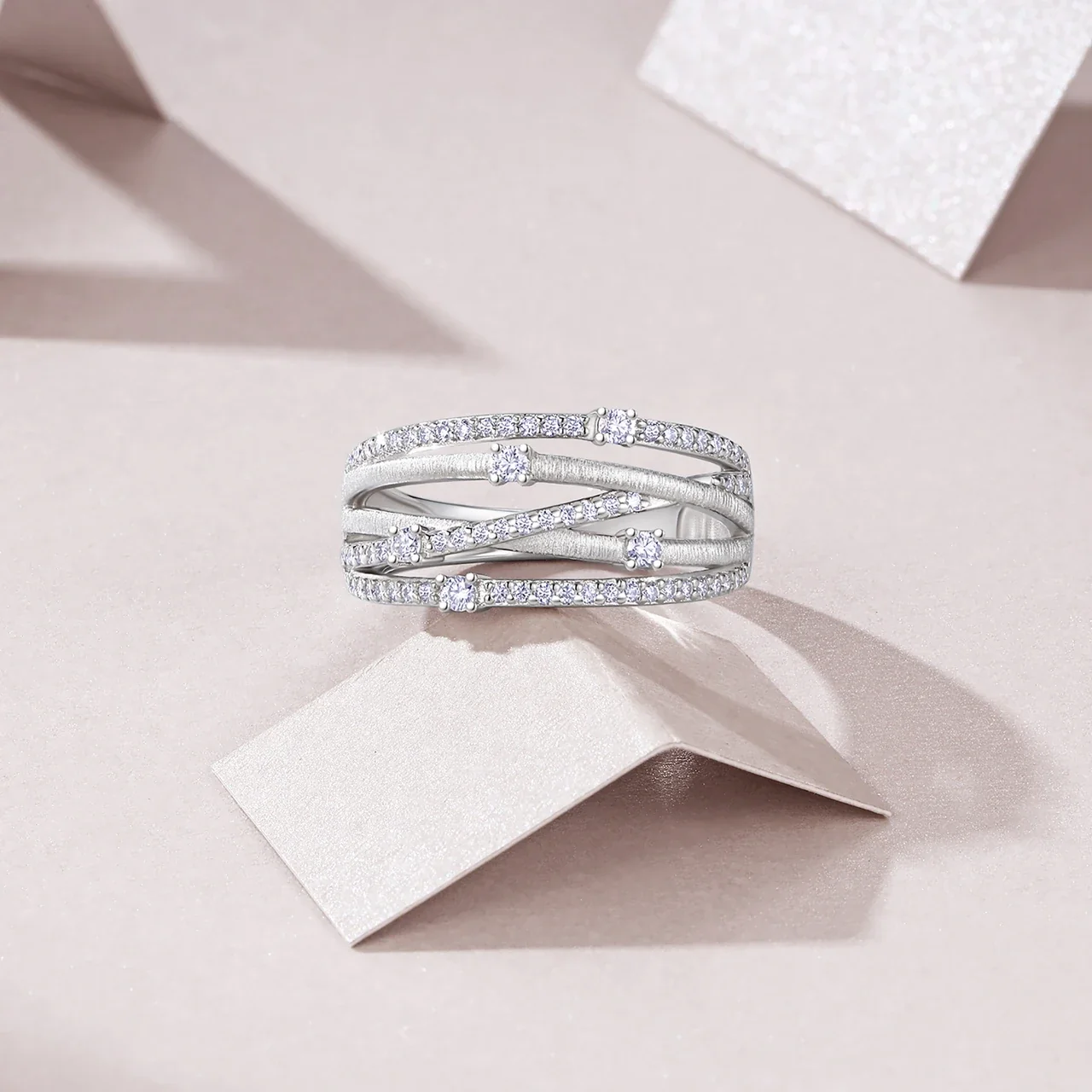Textured Crossover Pavé 925 Sterling Silver Ring