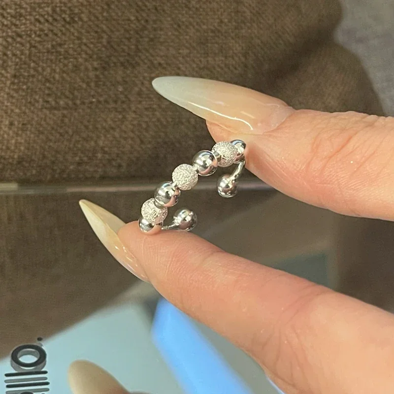 Textured Bead Open-Front 925 Sterling Silver Ring