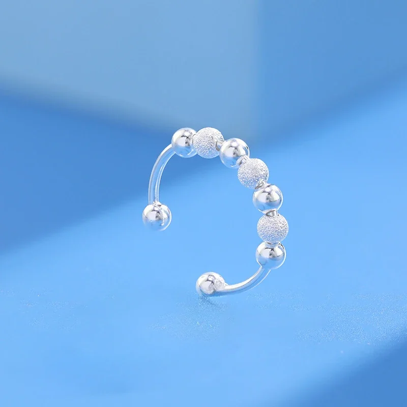 Textured Bead Open-Front 925 Sterling Silver Ring - Silver