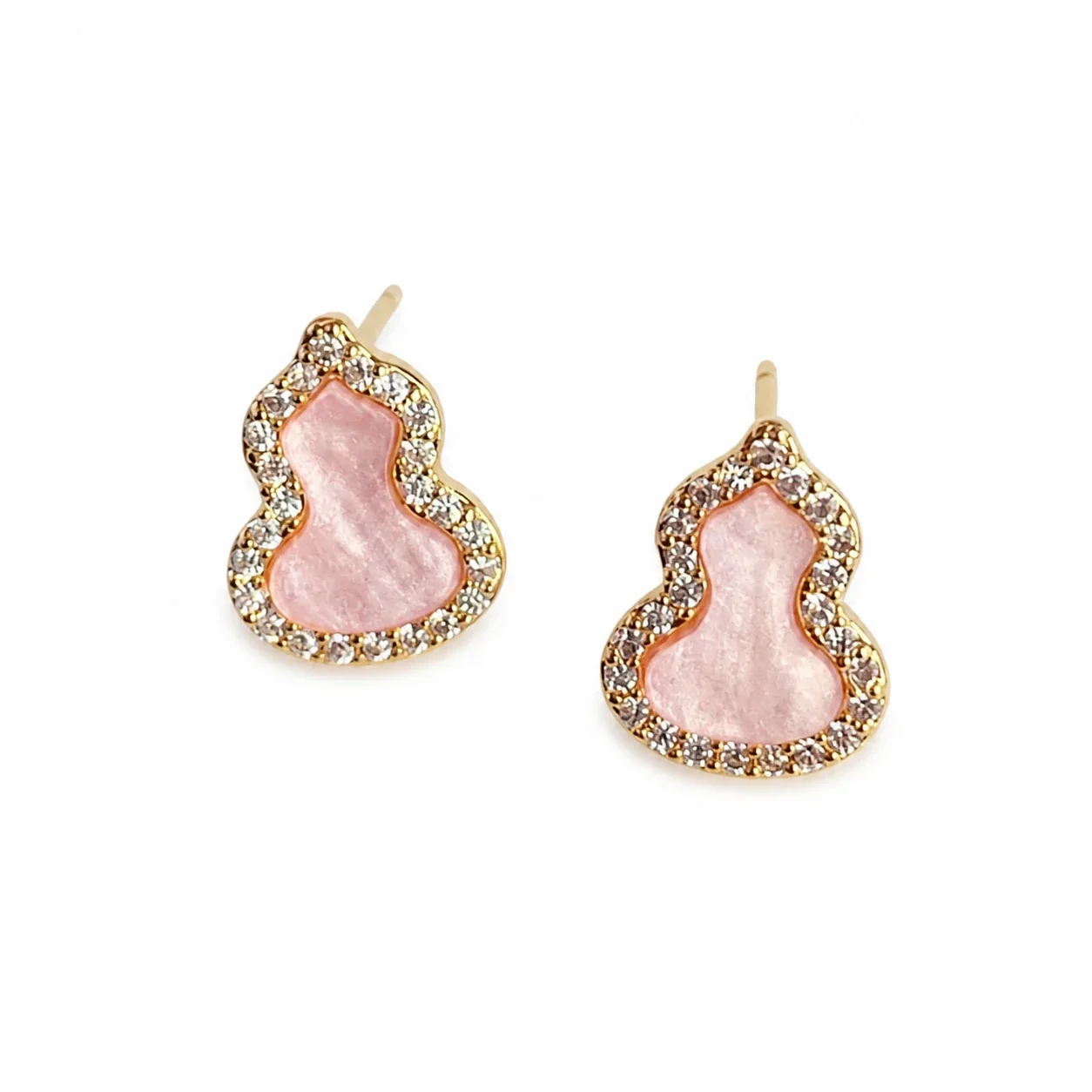 Ornate Pink Gourd Gold-Plated Copper Pavé Stud Earrings
