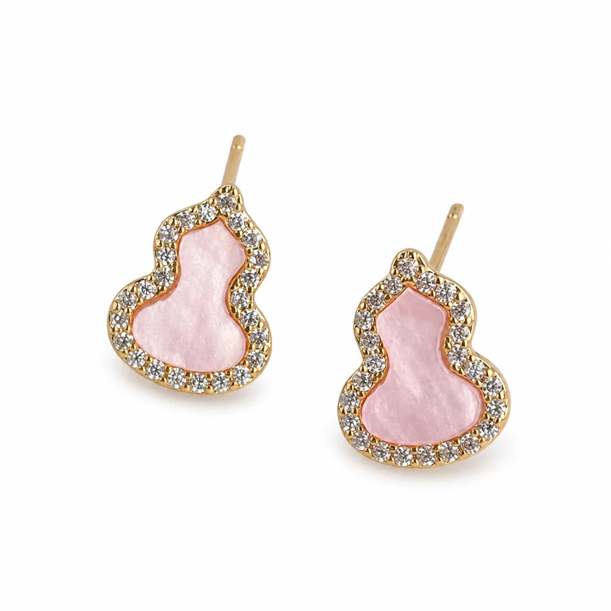 Ornate Pink Gourd Gold-Plated Copper Pavé Stud Earrings
