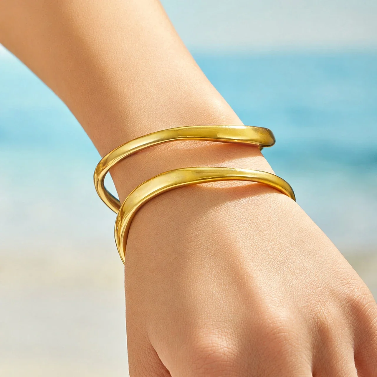 Sculptural 18K Gold-Plated Open-Front Double-Rail Bangle