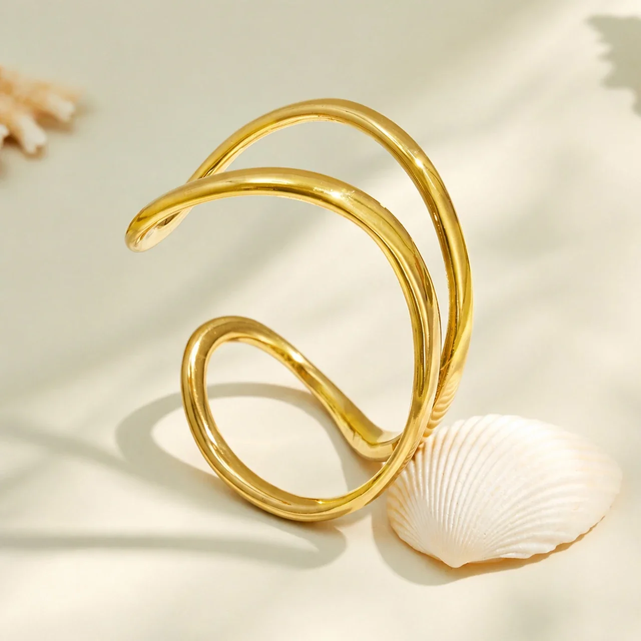 Sculptural 18K Gold-Plated Open-Front Double-Rail Bangle