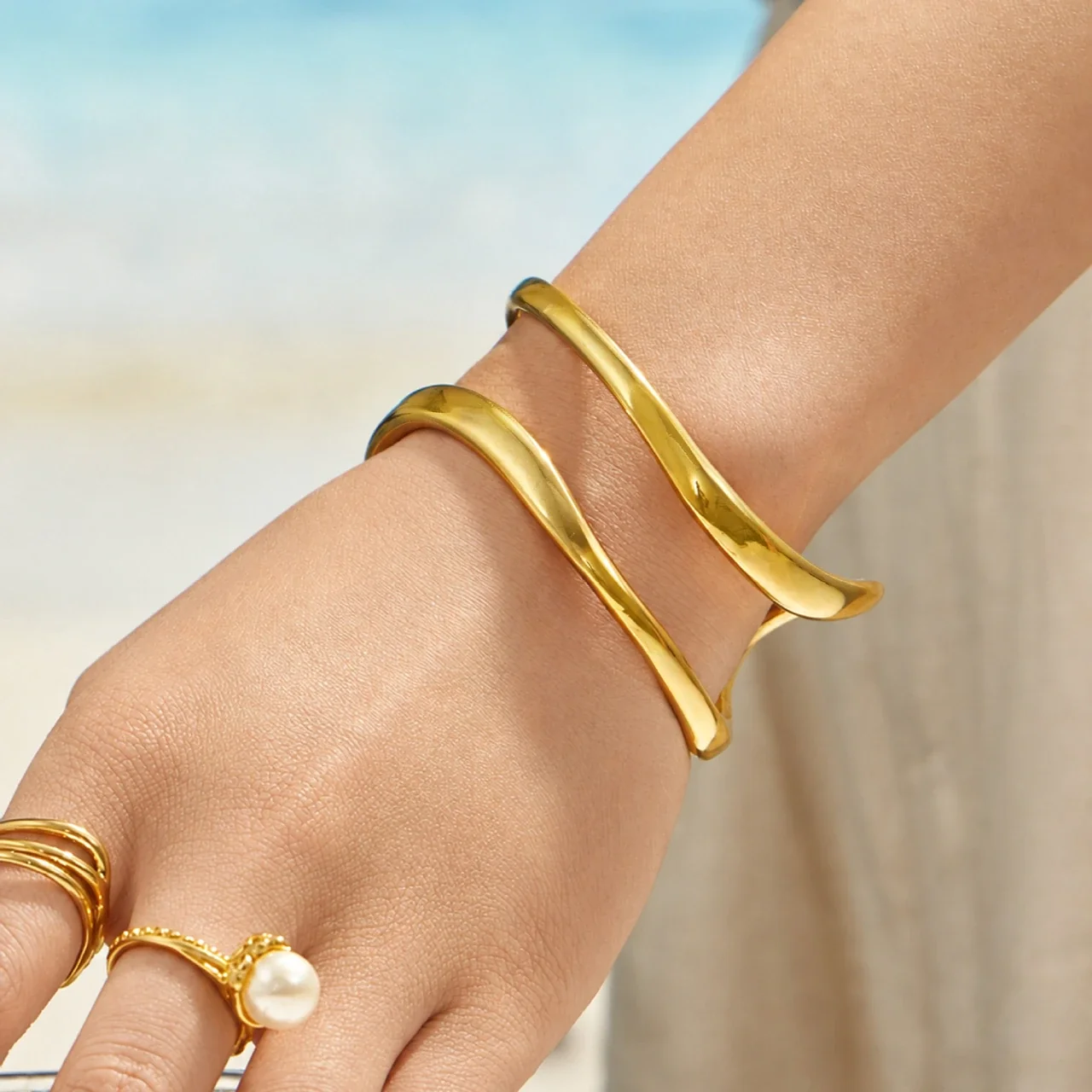 Sculptural 18K Gold-Plated Open-Front Double-Rail Bangle