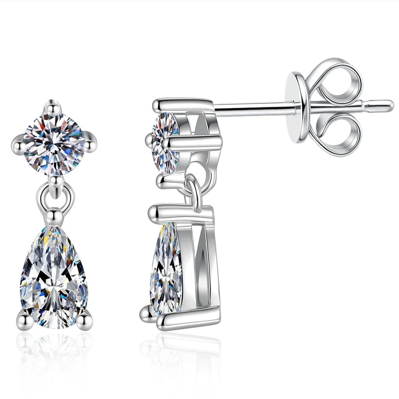 Refined Round and Pear Moissanite 925 Sterling Silver Drop Earrings