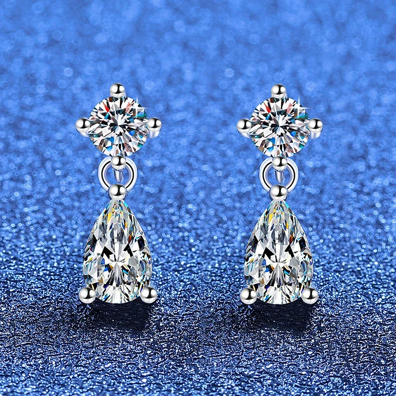 Refined Round and Pear Moissanite 925 Sterling Silver Drop Earrings