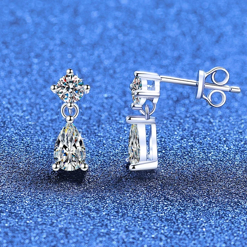 Refined Round and Pear Moissanite 925 Sterling Silver Drop Earrings