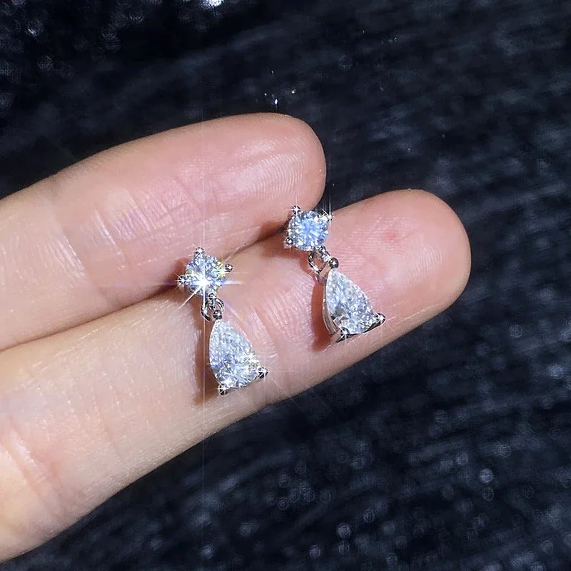Refined Round and Pear Moissanite 925 Sterling Silver Drop Earrings