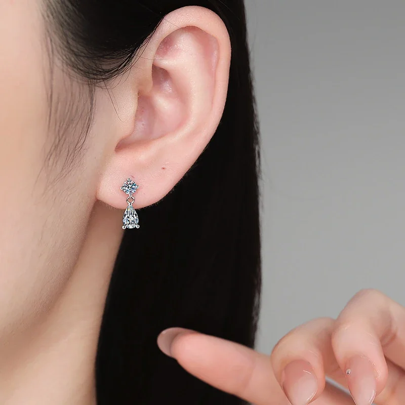 Refined Round and Pear Moissanite 925 Sterling Silver Drop Earrings