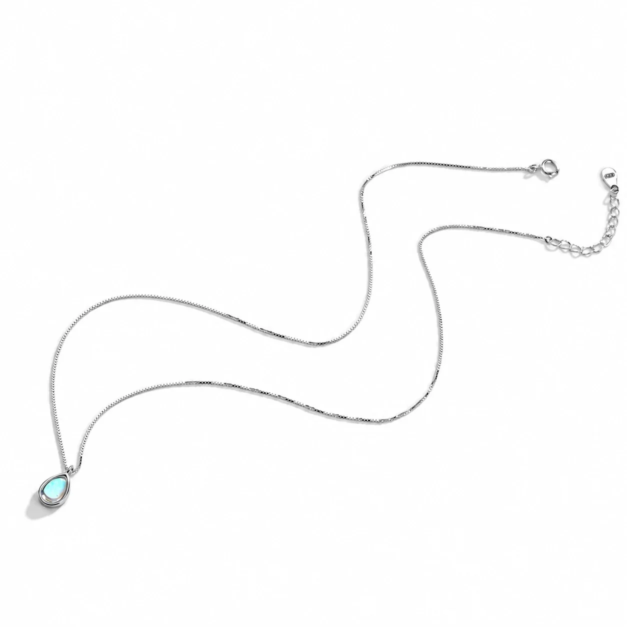 Iridescent 925 Sterling Silver Teardrop Bezel-Set Pendant Necklace