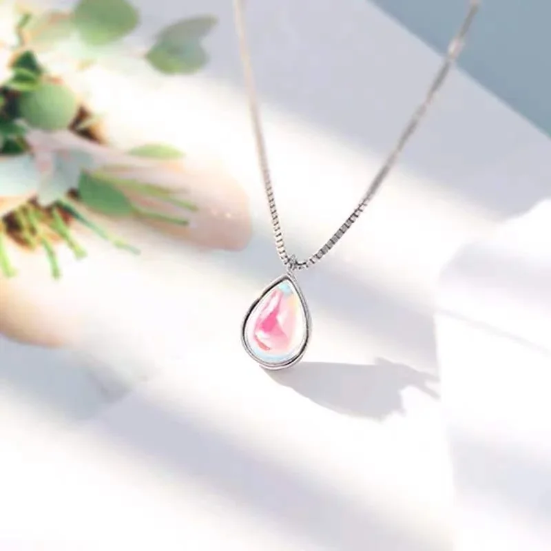 Iridescent 925 Sterling Silver Teardrop Bezel-Set Pendant Necklace
