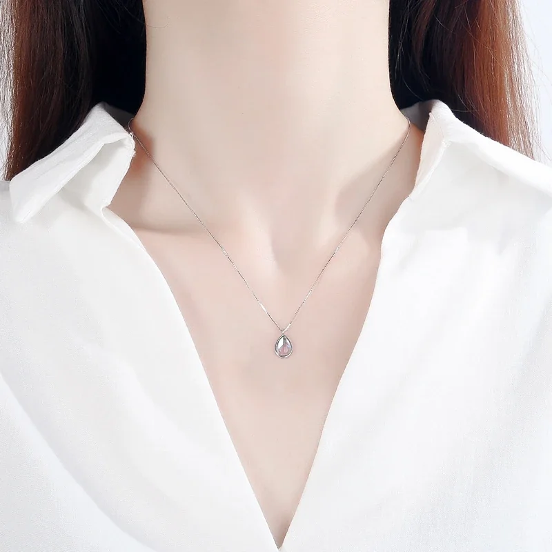 Iridescent 925 Sterling Silver Teardrop Bezel-Set Pendant Necklace