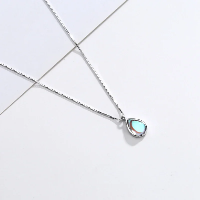 Iridescent 925 Sterling Silver Teardrop Bezel-Set Pendant Necklace